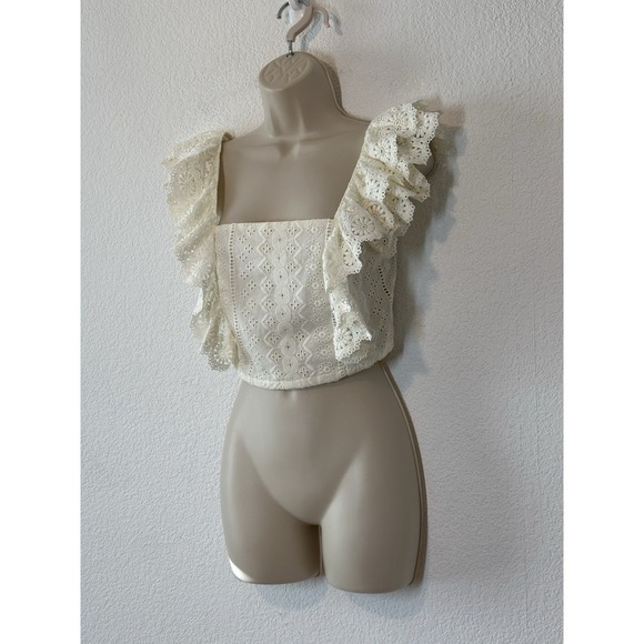 NEW Altar'd State Womens Small Ivory Peasant Crop Top Blouse Eyelet Lace Boho - Picture 2 of 9